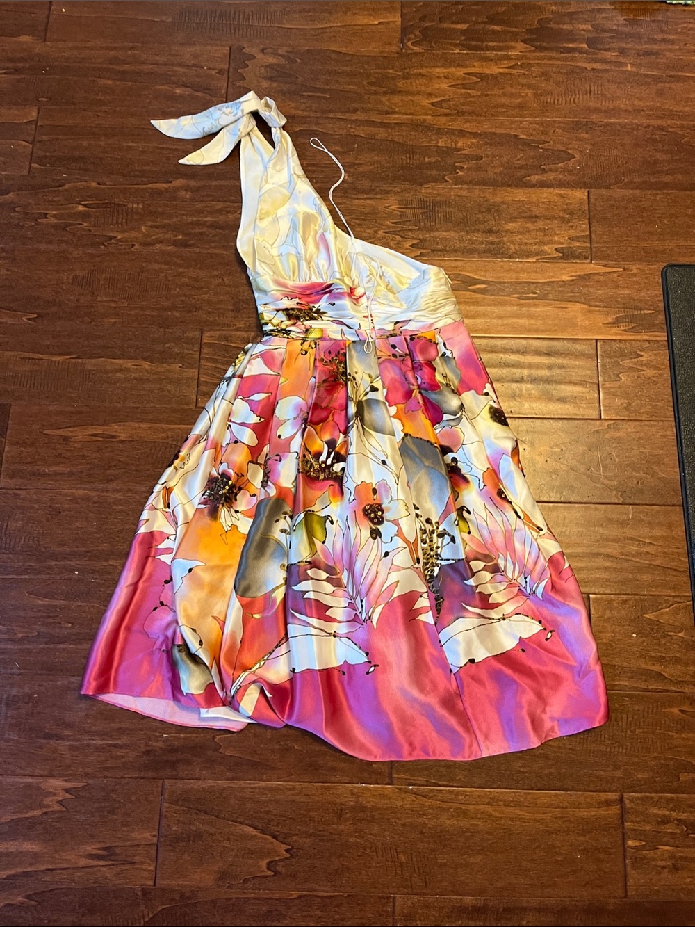 Adrianna Papell One-Shoulder Floral Sundress in Pink and White